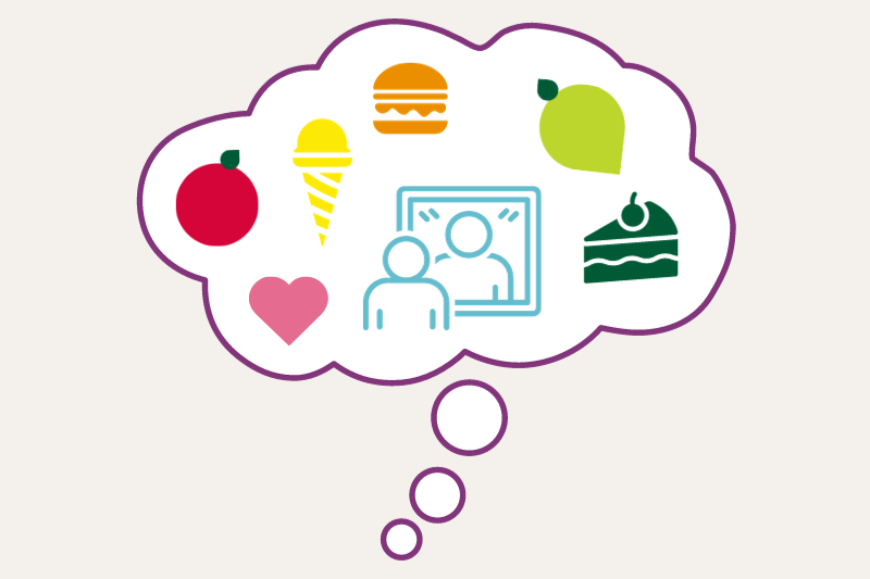 Lebensmittel und Spiegelbild in einer Gedankenbubble: Visualisiert die Behandlung von Essstörungen wie Bulimie und Binge Eating, Essattacken und emotionalem Essen mit Ernährungspsychologie und Hypnose in Dübendorf, Zürich